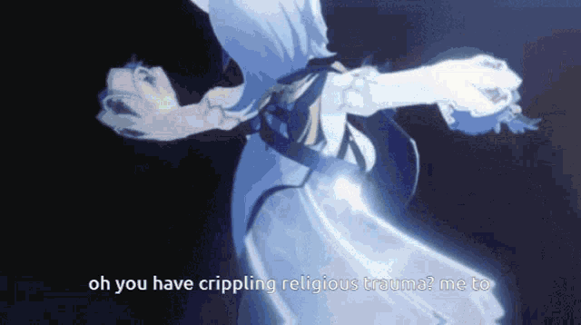 a woman in a white dress with the words oh you have crippling religious trauma me to at the bottom