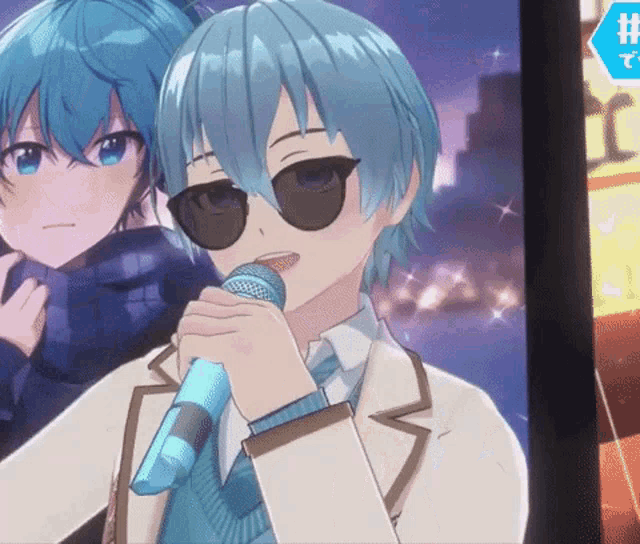 a blue haired anime character is singing into a microphone while wearing sunglasses .