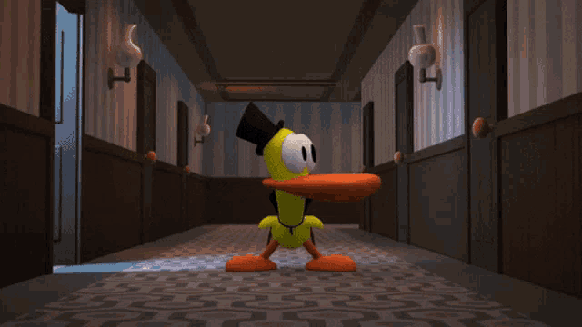 a cartoon character is running down a hallway in a dark room