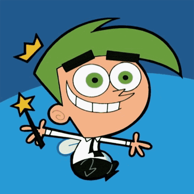 a cartoon character with green hair is holding a wand