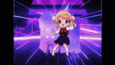 a little girl in a school uniform is dancing in a purple room