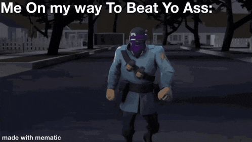 a cartoon of a man with a purple mask says me on my way to beat yo ass made with mematic