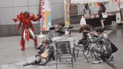 a group of people are sitting around a table with a sign that says ' ice cream '