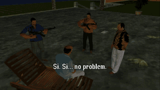 a video game screen shows a man sitting in a chair with the words si si no problem below him