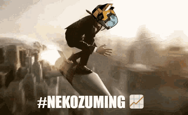 a man in a suit is riding a rocket with the hashtag #nekozuming on the bottom