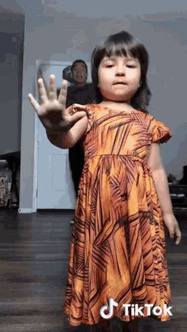 a little girl in a dress with a tiktok logo