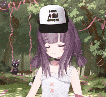 a girl with purple hair wears a hat that says i feel a sin