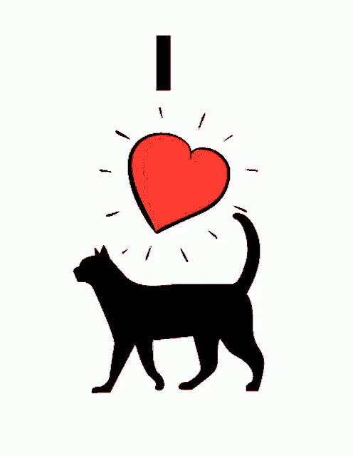 a black cat with a red heart above it that says i love