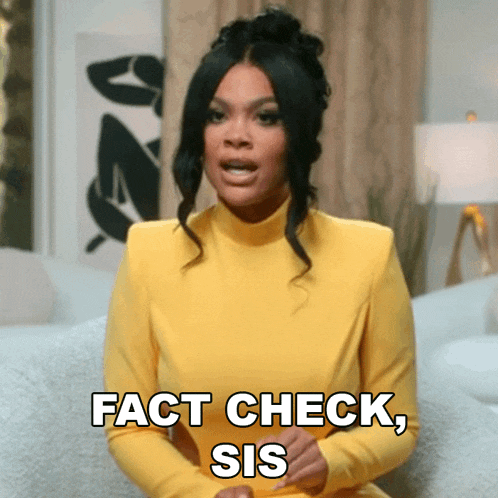 a woman in a yellow top says fact check sis