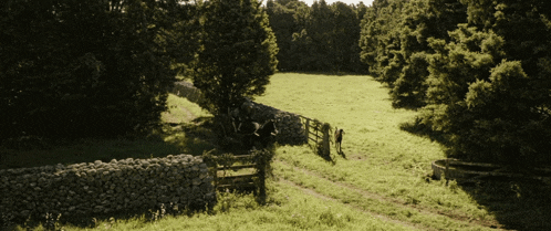 a stone wall surrounds a grassy field with trees on the side