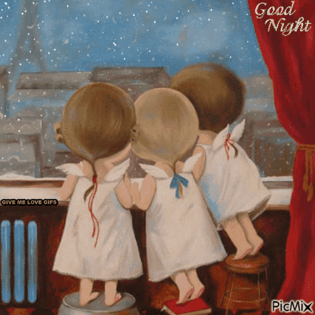 a painting of three angels looking out a window with the words good night written above them