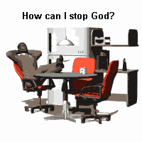 a man sits at a table with his feet up and the words " how can i stop god " below him