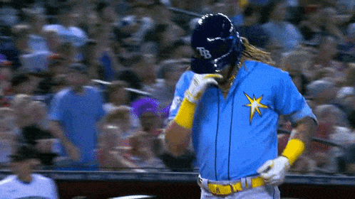a baseball player wearing a blue jersey with a star on it is standing on the field .