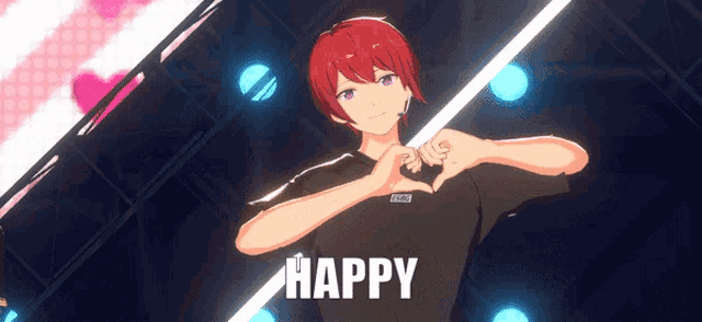 a boy with red hair is making a heart shape with his hands and the word happy is on the bottom right