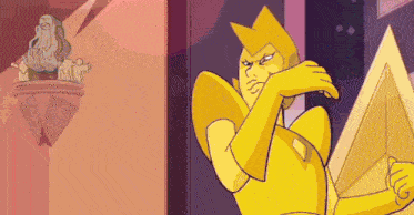 a yellow diamond from steven universe is making a funny face while standing next to a statue .