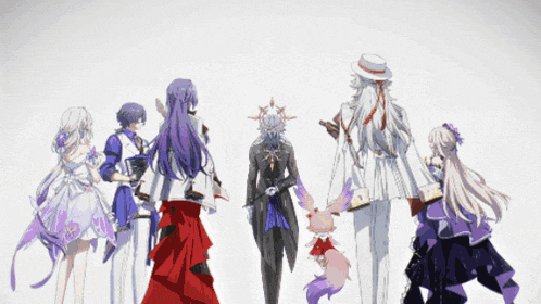 a group of anime characters are standing in a row
