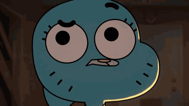 a close up of a cartoon character with big eyes