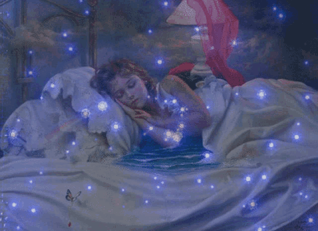 a painting of a woman sleeping in a bed with a butterfly