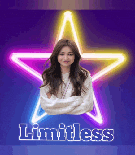 a woman is standing in front of a neon star and the word limitless is on the bottom