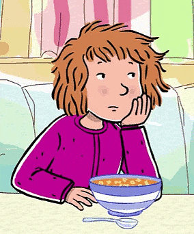 a cartoon girl is sitting at a table with a bowl of cereal .
