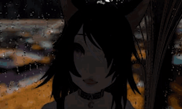 a girl with cat ears is standing in front of a wet window .