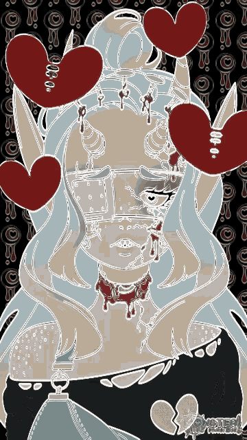 a drawing of a girl with horns and hearts on her face