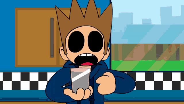 a cartoon character with a crown on his head is holding a cell phone