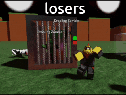 a cartoon character standing in front of a cage that says " drooling zombie "