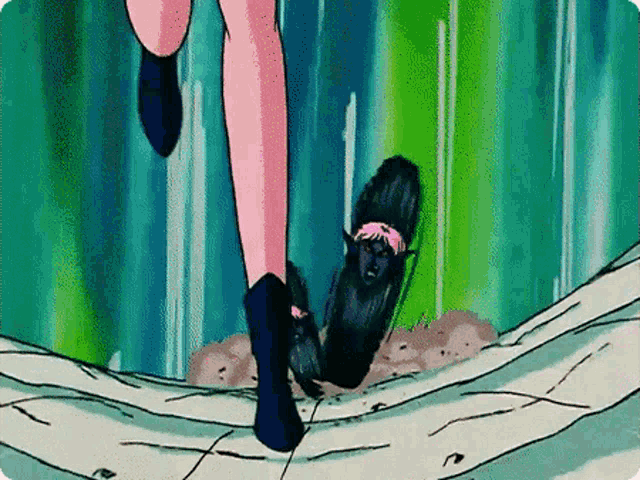 a cartoon drawing of a woman 's feet with a black shoe on