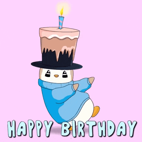 a penguin wearing a top hat is holding a birthday cake with a candle on it .