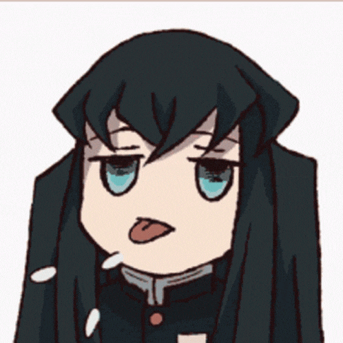 a cartoon character with long black hair and blue eyes sticking out his tongue .