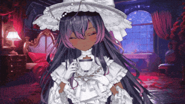 a girl with long black hair is holding a cup and saucer