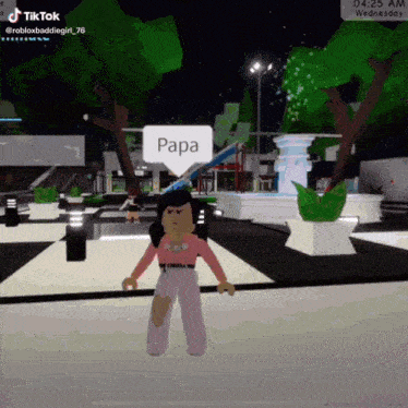 a girl in a pink shirt is standing in a park with a sign that says papa