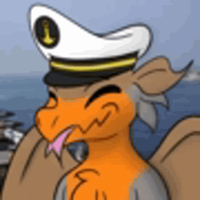 a cartoon dragon wearing a captain 's hat is sticking its tongue out .