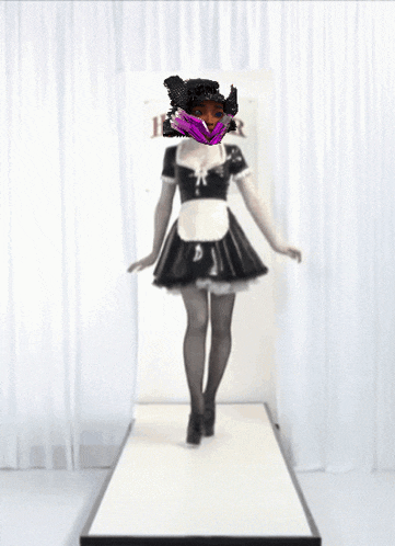 a woman in a maid costume with a purple mask on her head