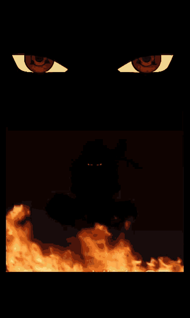 a silhouette of a person standing in front of a fire with red eyes