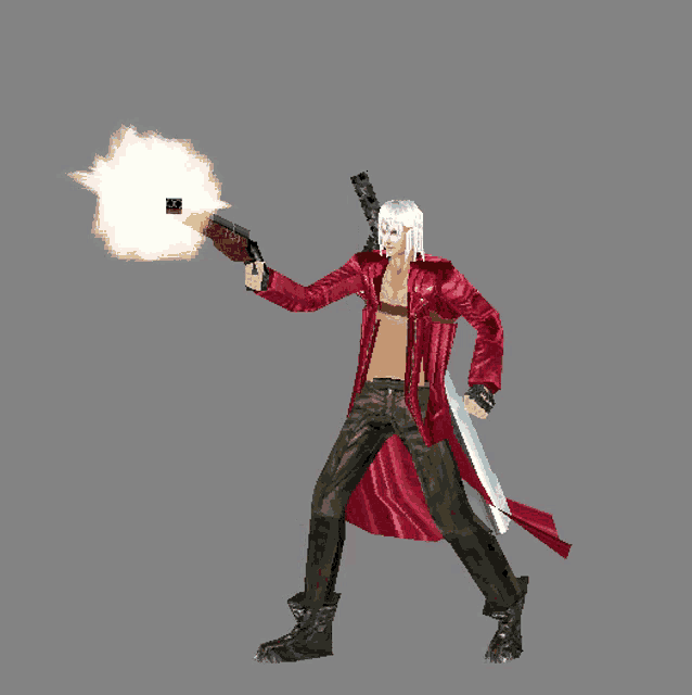 a man in a red coat is holding a gun and shooting it