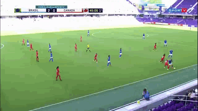 a soccer game between brazil and canada is being played