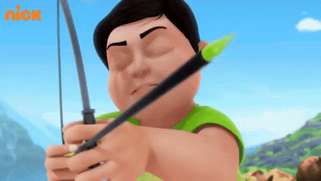 a cartoon character is holding a bow and arrow with a nick logo in the background .