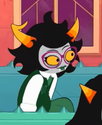 a cartoon character with horns and glasses is sitting on a couch next to a cat .