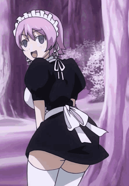 a girl with pink hair is wearing a black maid outfit