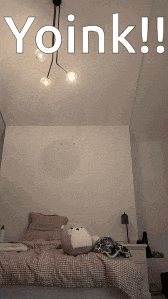 a bed with a stuffed animal on it and the words yoink written above it