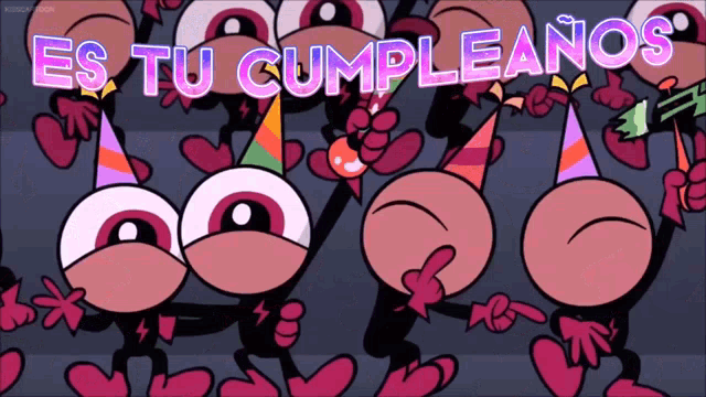 a bunch of cartoon characters wearing party hats with the words es tu cumpleanos