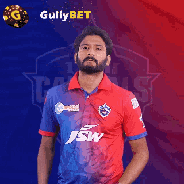 a man with a beard is wearing a red blue and white jersey with jsw on it