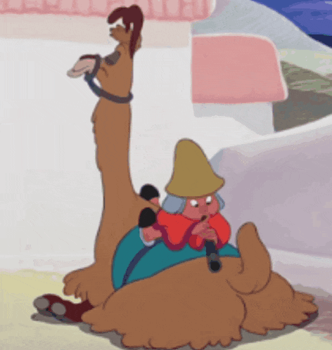 a cartoon of a man sitting on a camel playing a flute