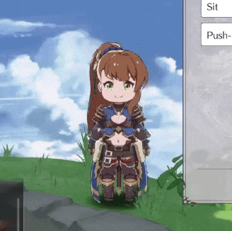 a cartoon character is standing on a grassy hill with a button that says sit on the bottom right