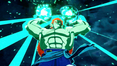 a cartoon character with red hair and green muscles is surrounded by blue rays