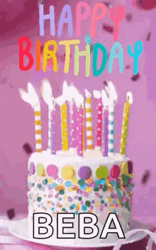 a birthday cake with candles and confetti on it is on a plate .