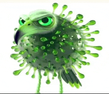 a green cartoon bird with green eyes is sitting on top of a green virus .