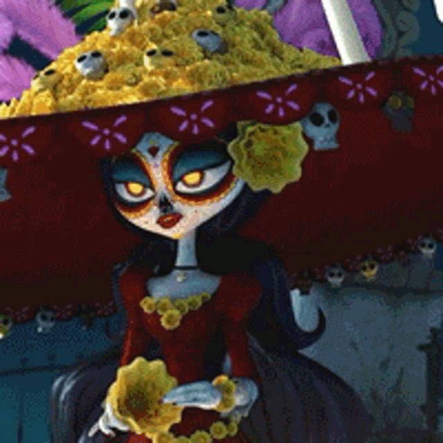 a day of the dead cartoon character is wearing a red sombrero